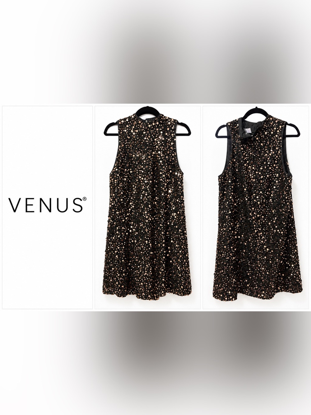 VENUS Size 14 Black & Gold Sequin Sleeveless Party Cocktail Dress